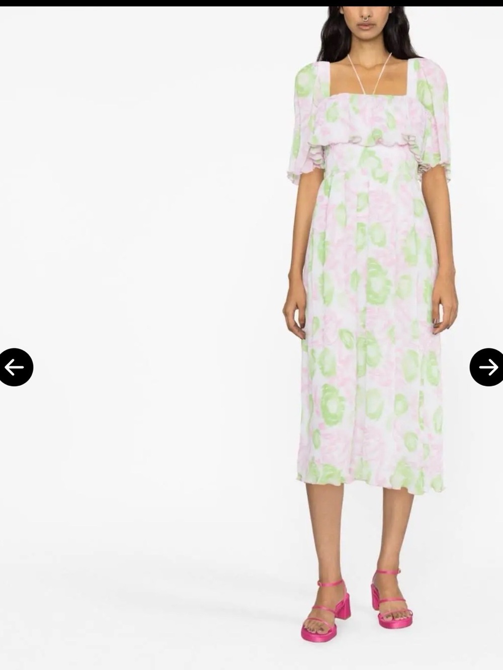 Ganni Pink and Light Green Square-Neck Floral Midi Dress